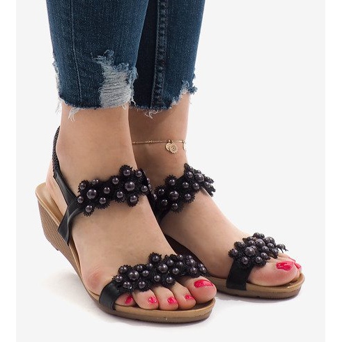 Black wedge sandals with flowers 399-21 2