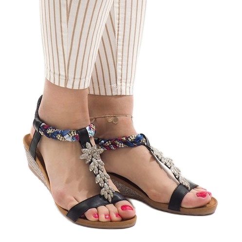 Black wedge sandals with an elastic B133-1 1