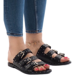 Black slippers with studs and a buckle F-3659 1