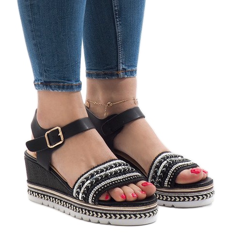 Black decorated wedge sandals YRT-72-1 1