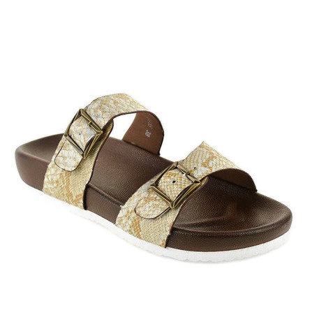 White and brown slippers with a GA735 buckle 1