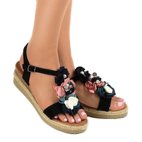 Black wedge sandals with flowers 218-168 1