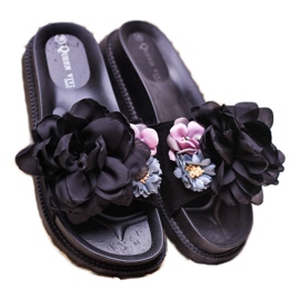Queen Vivi Suede Slippers With Flowers black 2 Queen Vivi Suede Slippers With Flowers black 2