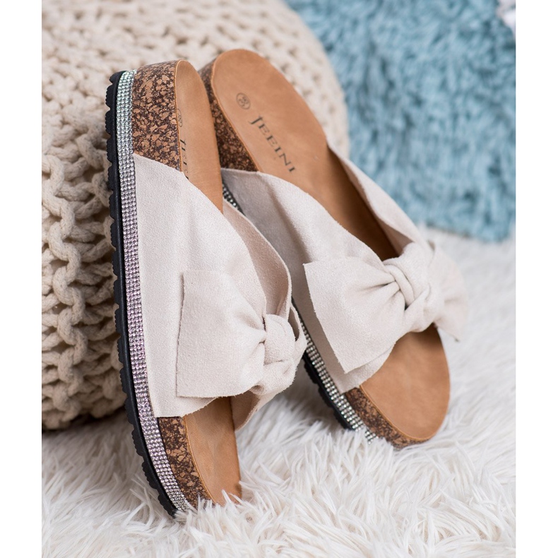 SHELOVET Suede Slippers With Crystals beige 2