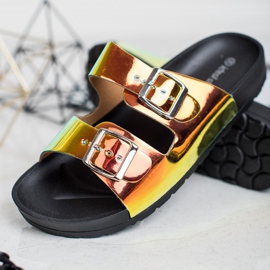 Ideal Shoes Holo Buckle Slippers yellow 2