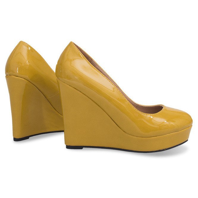 tan patent leather wedges