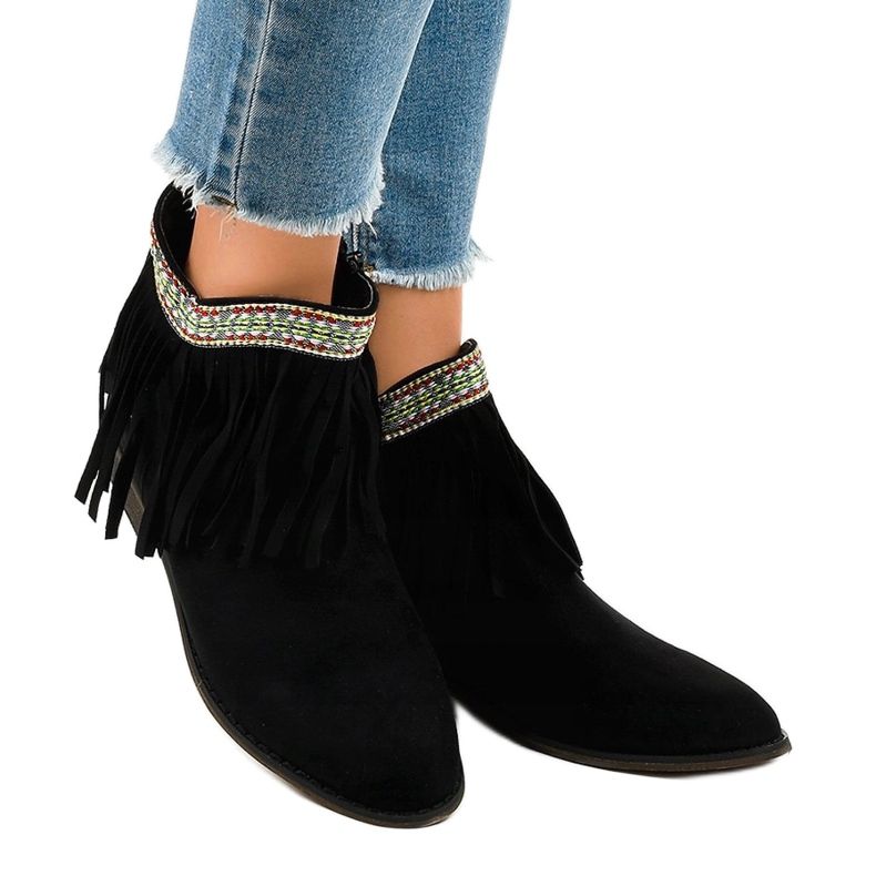 Black suede slip-on ankle boots with fringes 99-136 1