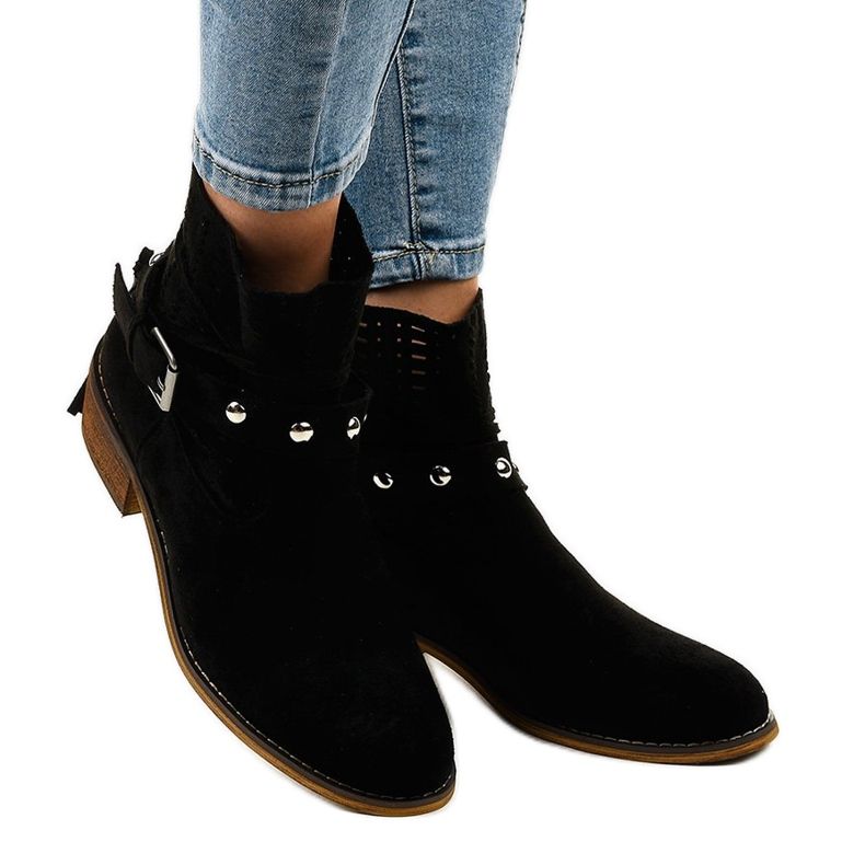 Black suede openwork slip-on boots LS-730 1