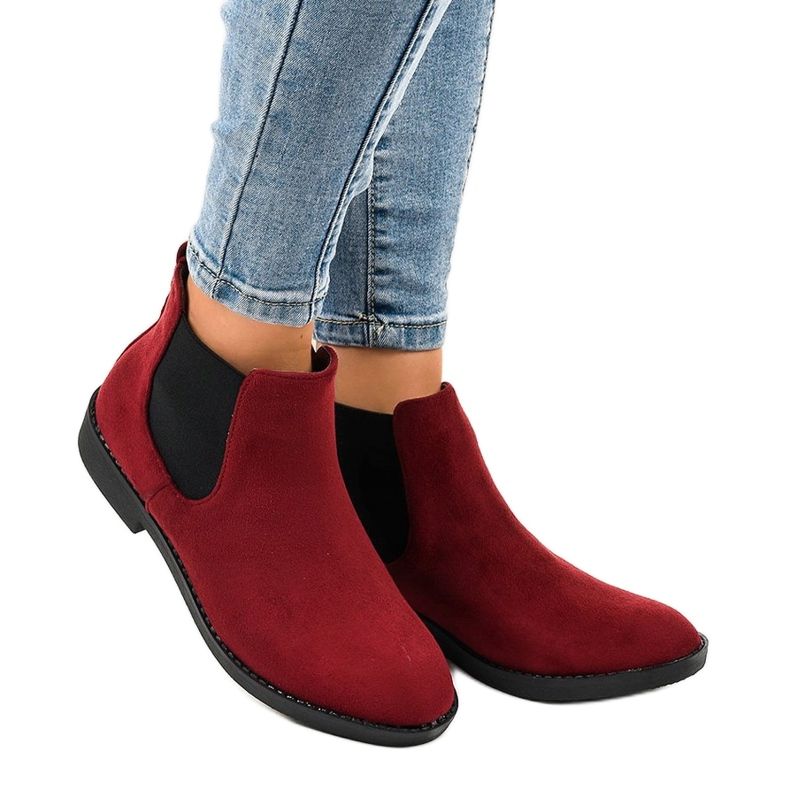 Burgundy suede flat ankle boots with an elastic L08-155 red 1