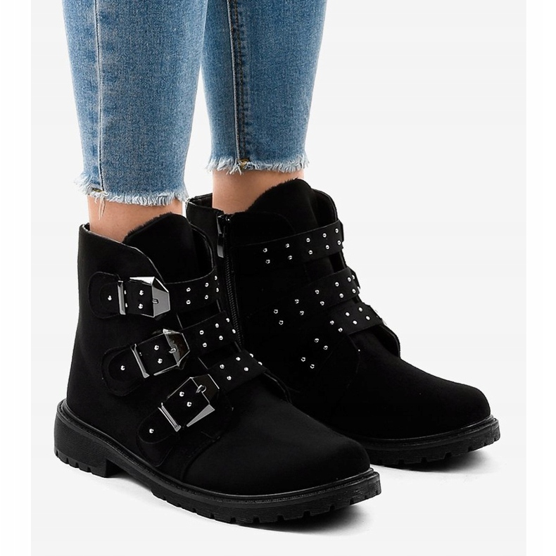 Black suede flat ankle boots with TL95-1 buckles 1