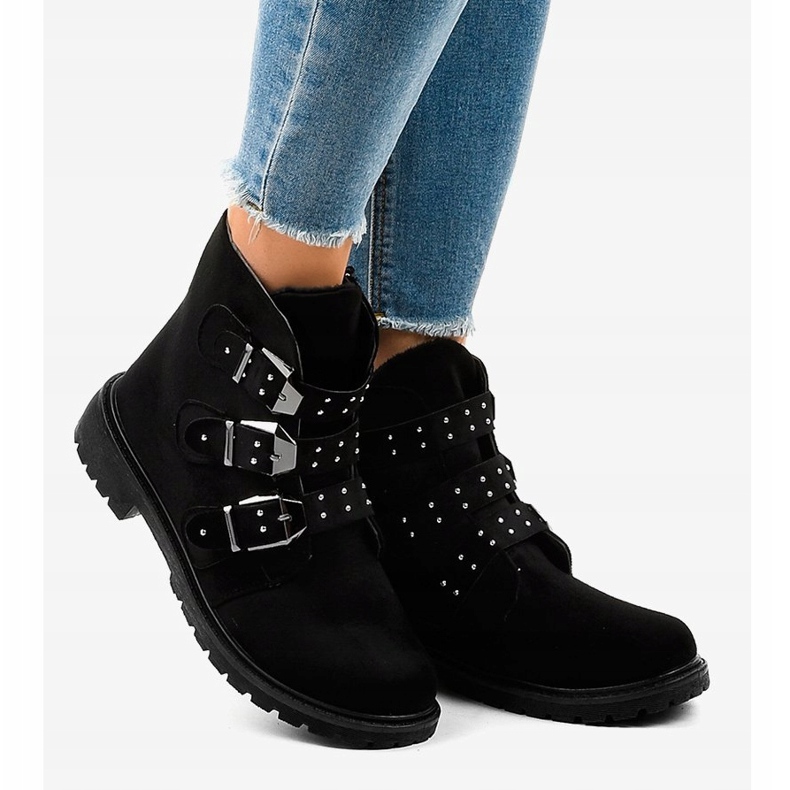 Black suede flat ankle boots with TL95-1 buckles 2