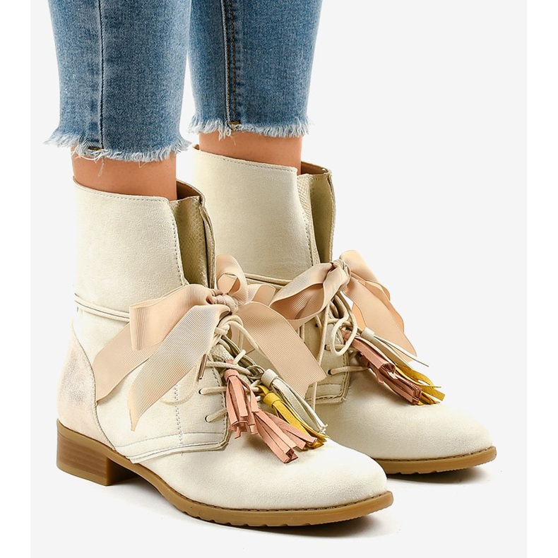 Beige flat boots tied with fringes A-226 1