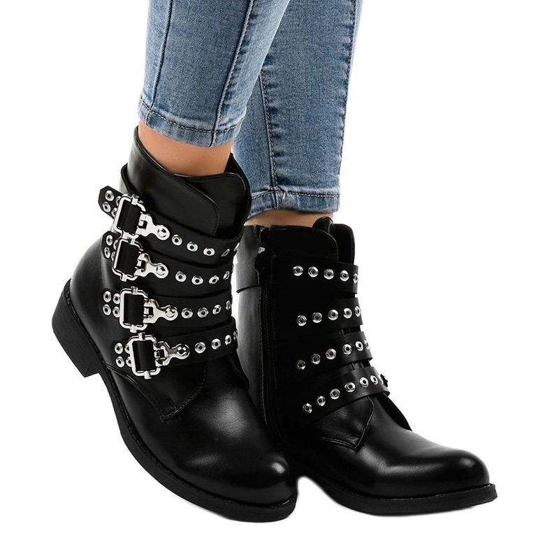 Women's black flat boots with JW9 buckles 1