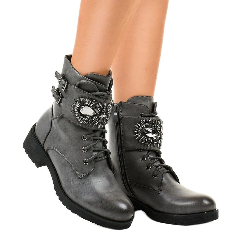 Gray women's boots with a buckle and diamonds 0-251 grey 1