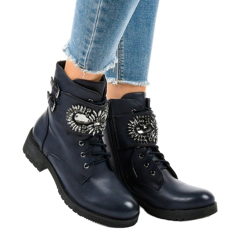 Ladies' navy blue boots with a buckle and diamonds 0-251 1