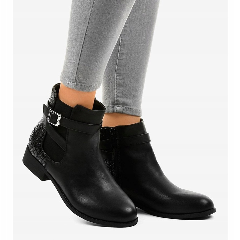 Black flat ankle boots with an elastic band and sequins C298-1 2