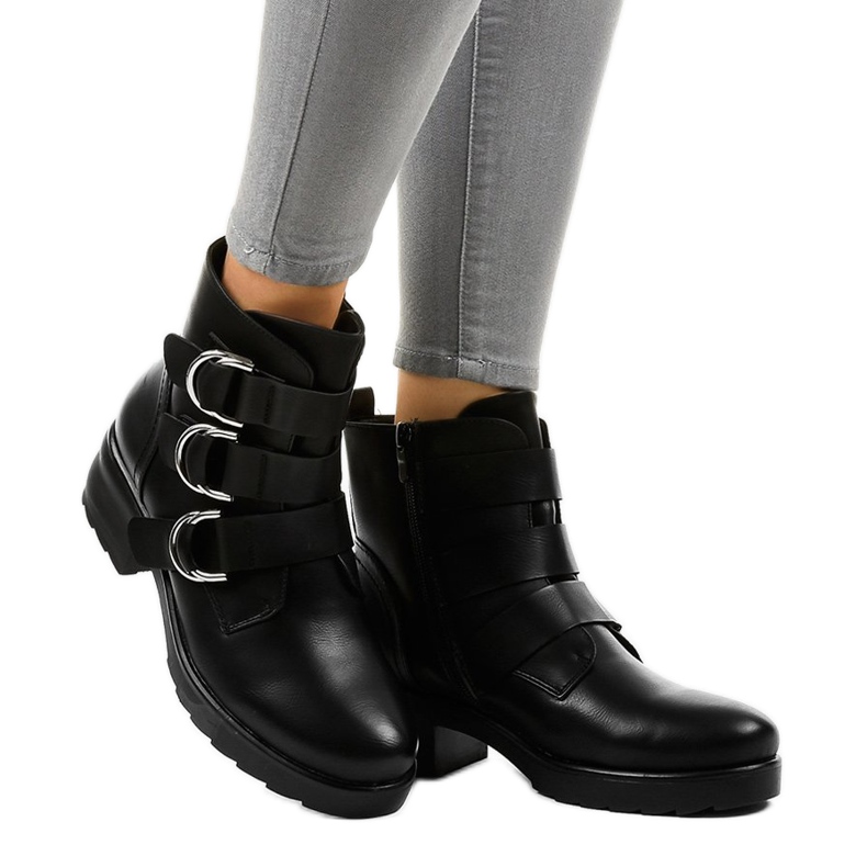 Women's black flat boots with buckles BZ66010 1