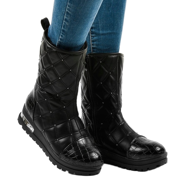 Ladies' black flat ankle boots with studs B9016-1 1