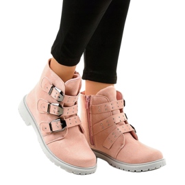 Pink suede flat ankle boots with TL95-4 buckles 1
