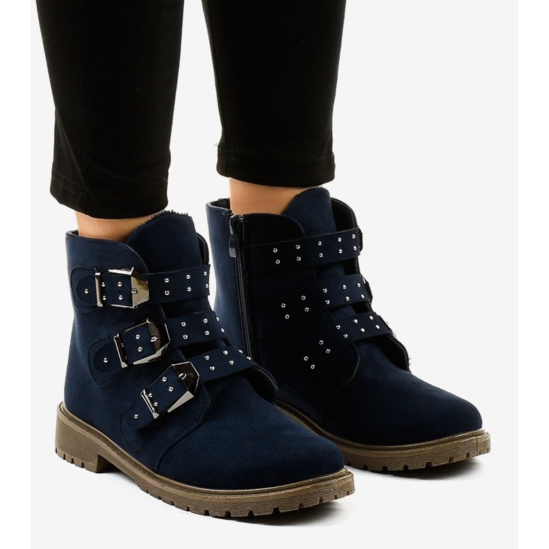 Navy blue suede flat boots with TL95-2 buckles 1