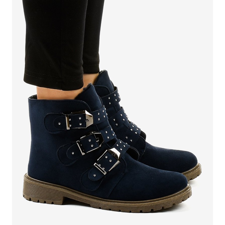 Navy blue suede flat boots with TL95-2 buckles 2