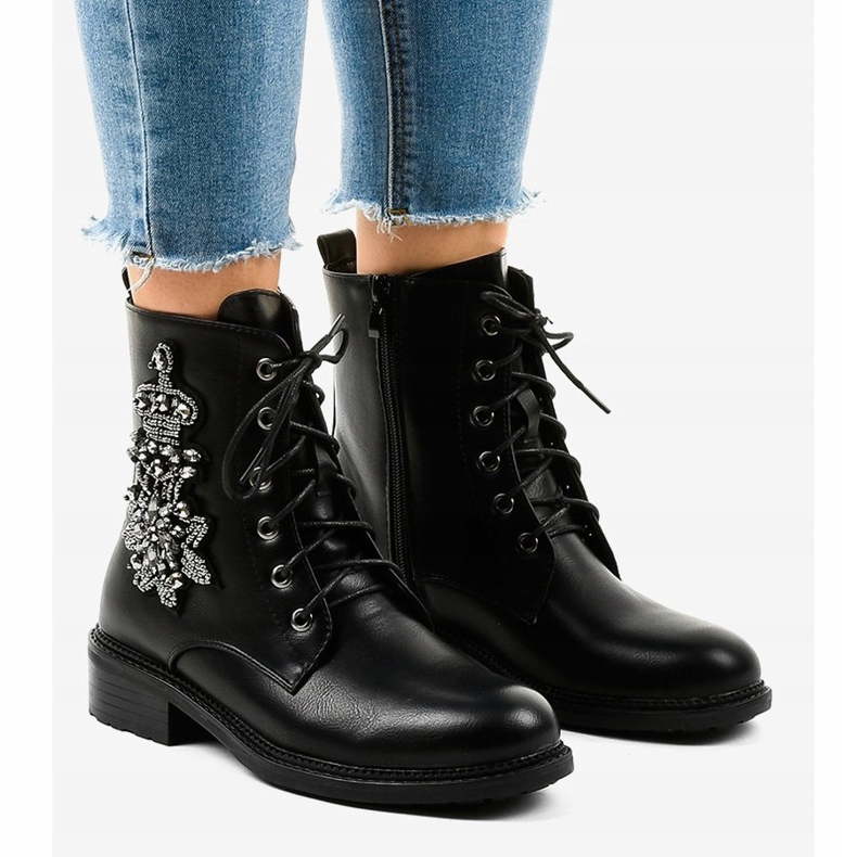 Black flat ankle boots with stones BH5501 1