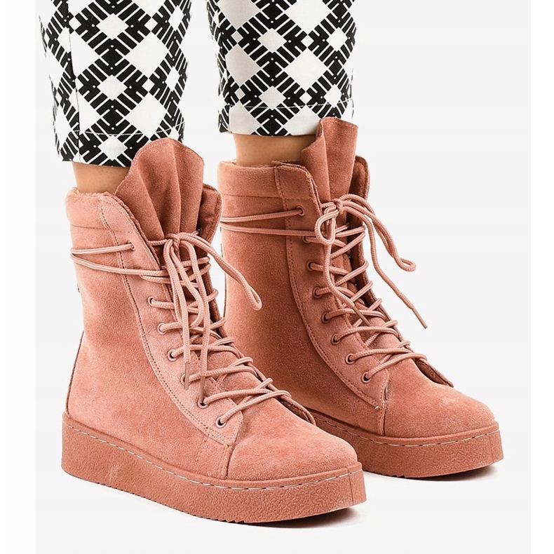 Pink suede flat boots 7-3727B 1