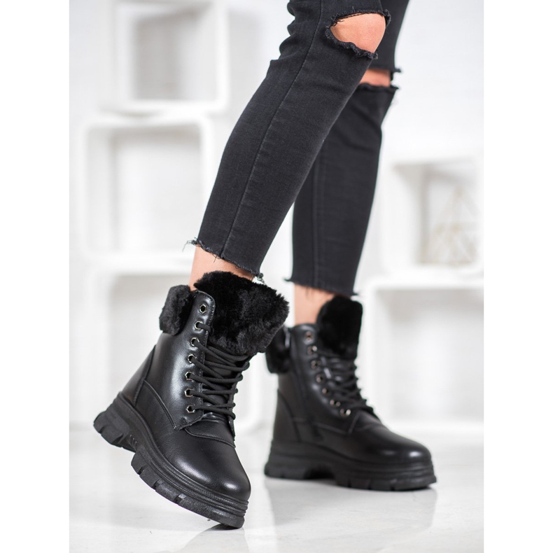 SHELOVET Lace-up Workers With Fur black 1
