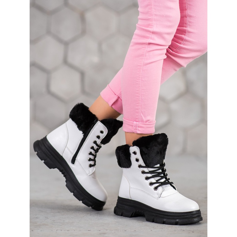 SHELOVET Lace-up Workers With Fur white 2