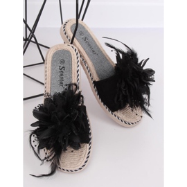 Black women's slippers with feathers CK131P 1