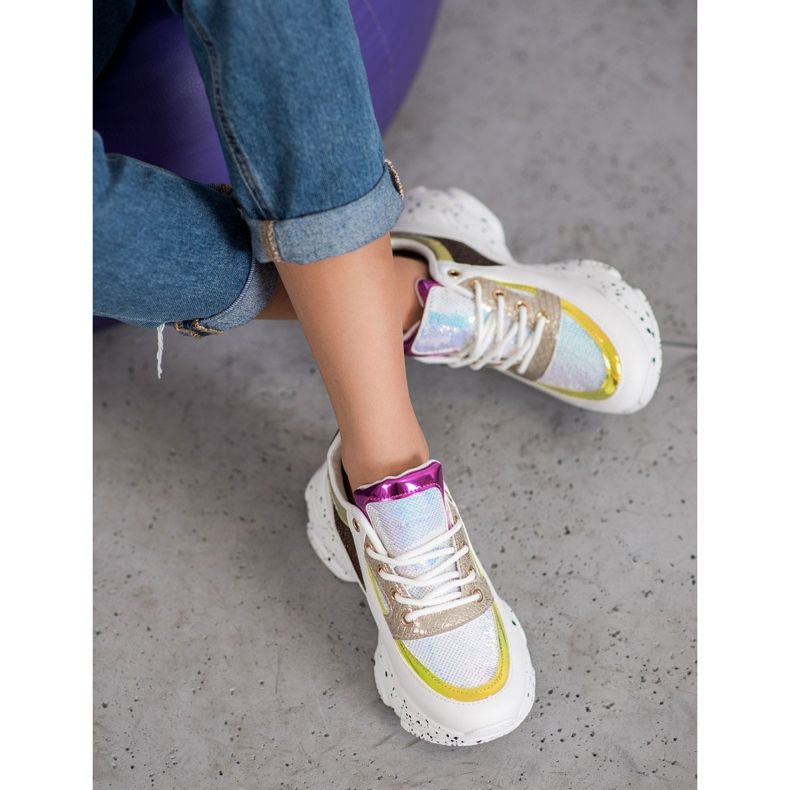 SHELOVET Sneakers With Sequins On The Platform white yellow 1
