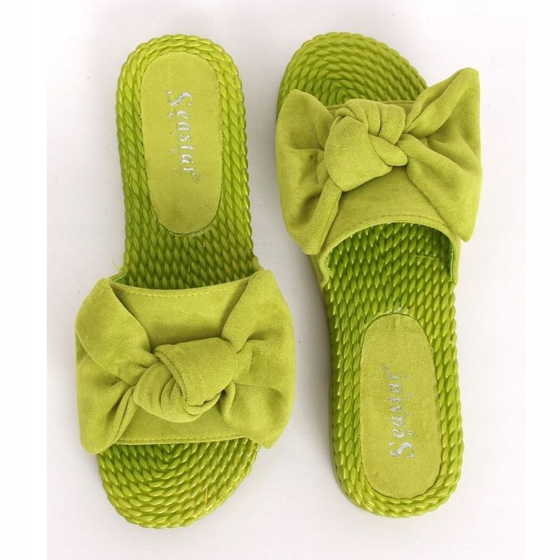 Green women's slippers with a bow YQ225P Green 2