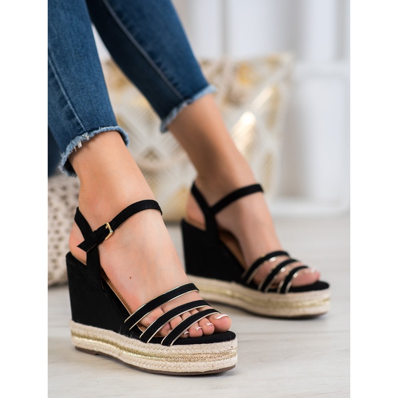 Small Swan Suede Wedge Sandals black 2