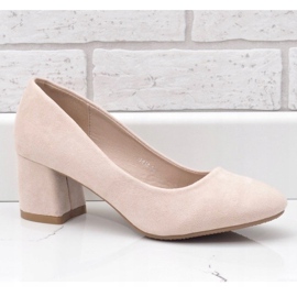 Beige pumps on a post made of eco-suede JF619 1