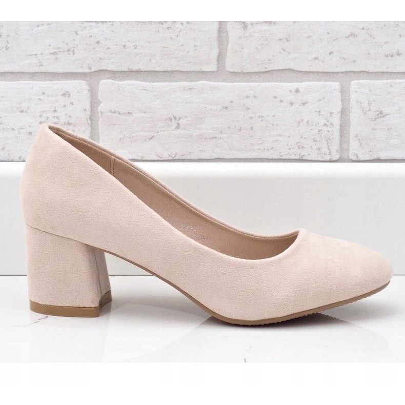 Beige pumps on a post made of eco-suede JF619 2