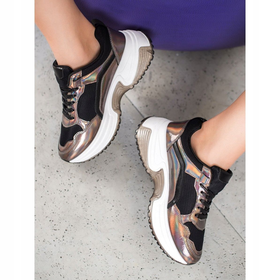 SHELOVET Fashion Sneakers With Holo Effect brown black