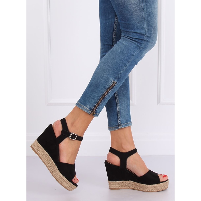 Black Sandals on a wedge heel 9R195 Black 1