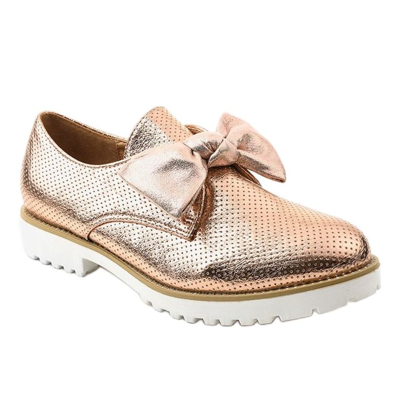 Golden slip-on shoes with a RS-WED2 bow 1