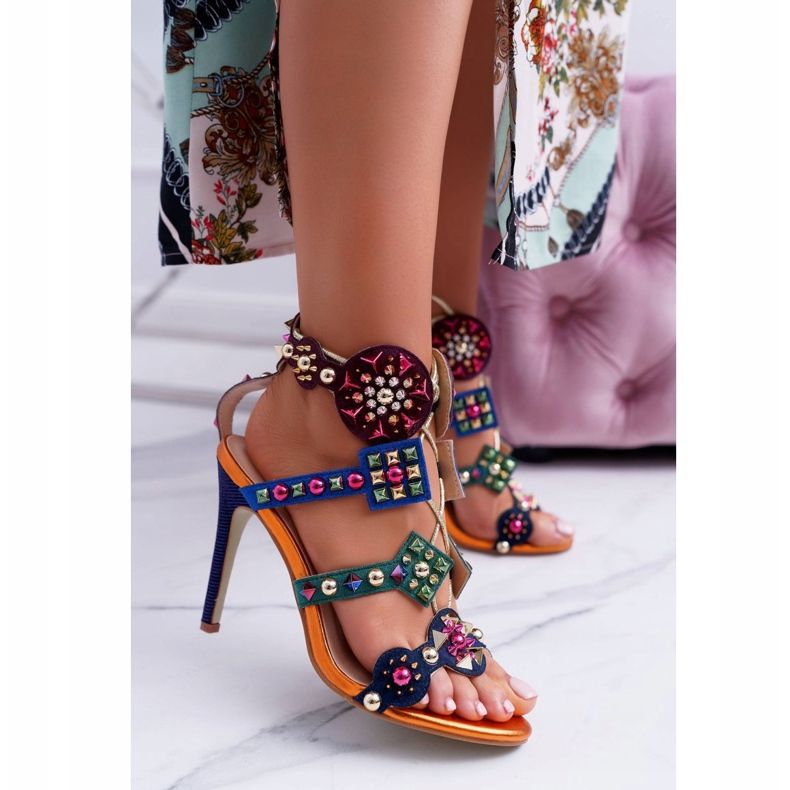 LU BOO Sandals On A High Heel Jet Studs Rockers Multicolored 2