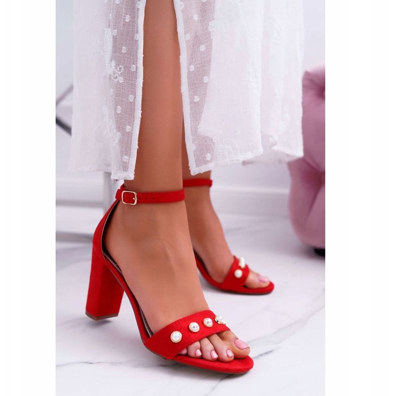 S.Barski Women's Sandals On A Heel With Pearls Red Renes 1