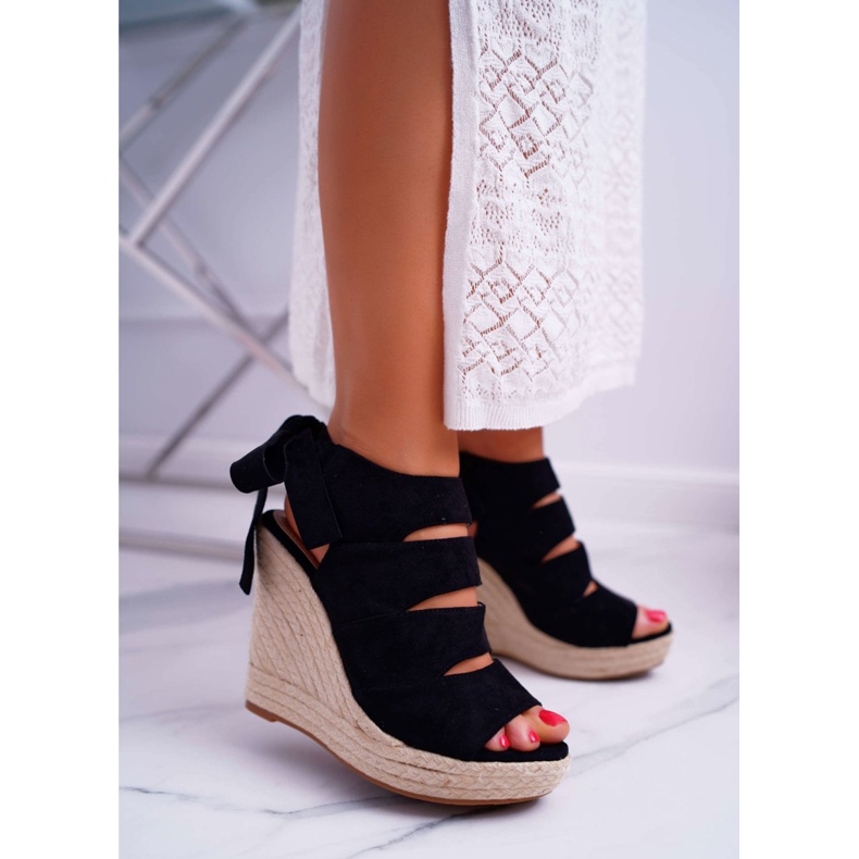 FRJ Women's Sandals On A Linen Wedge Tied Black Cantare 1