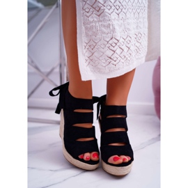 FRJ Women's Sandals On A Linen Wedge Tied Black Cantare 2