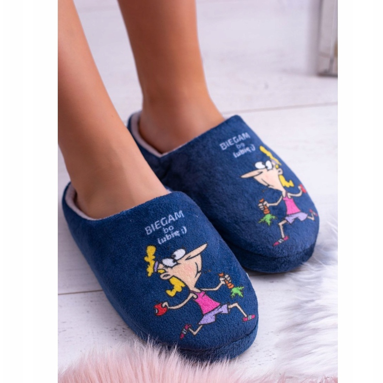 Dreex Plush Women's Navy Blue Slippers I Run Because I Like 2