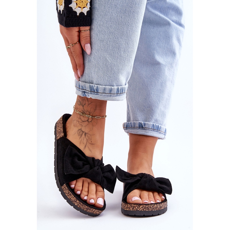 PS1 Women's Black Slippers On The Cork Bow Wendy 2