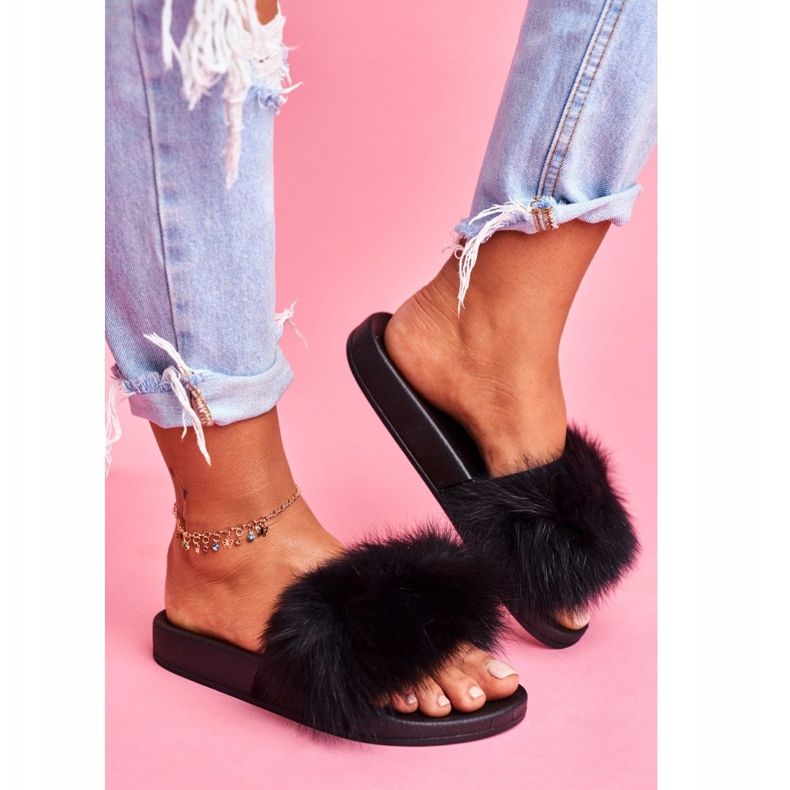 Women's Slippers with Natural Fur Black Naturis 2