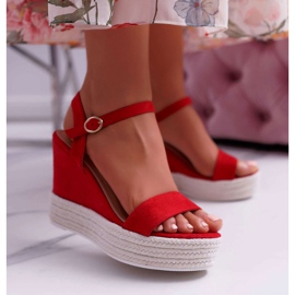 BUGO Women's Sandals On A Wedge Linen Red Liviana 1