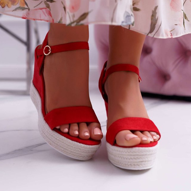 BUGO Women's Sandals On A Wedge Linen Red Liviana 2