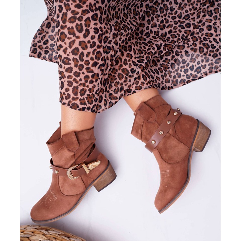 FRBS Women's Boots On Flat Heel Cowboy Boots with a Buckle Camel Ewella brown 2