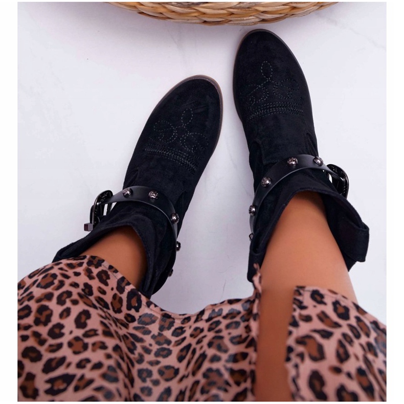 FB2 Women's Boots On Flat Heel Cowboy Boots with a Buckle Black Ewella 1