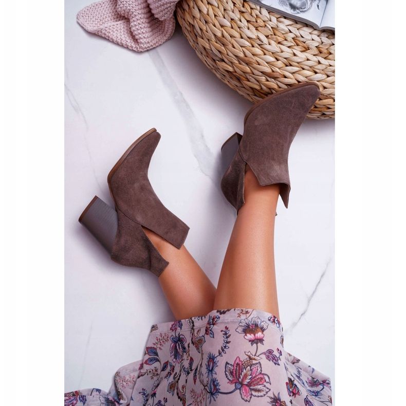 Women's Boots On High Heel Spring Leather Suede Dark Cappuccino Nicole 2430 brown 2